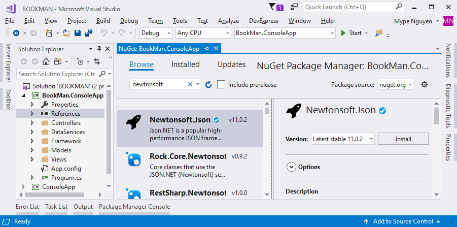 Giao diện Manage NuGet Packages 