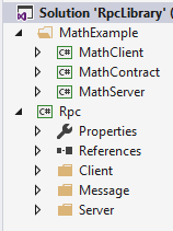 Cấu trúc solution với thư viện Rpc (đã có), 3 project mới trong thư mục MathExample.